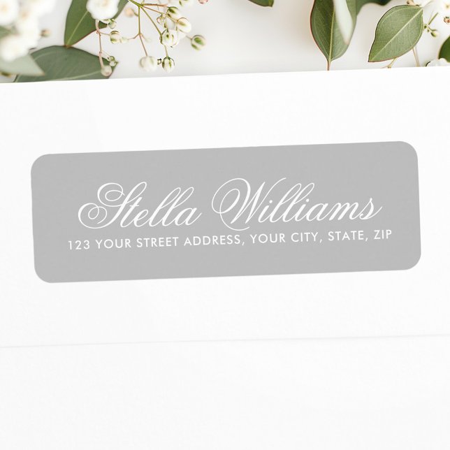 Romantic grey and white calligraphy script return address label (Romantic gray and white calligraphy script label)
