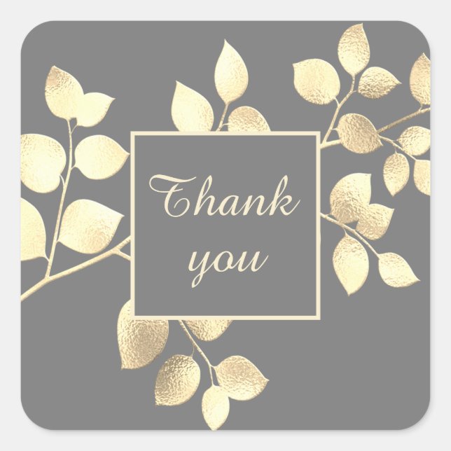 Romantic grey golden leaves square sticker (Front)