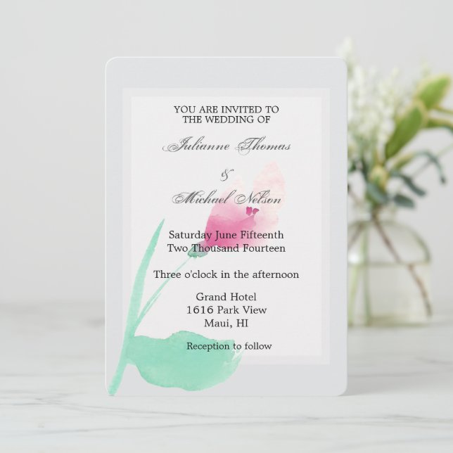 Romantic Grey Pink Floral Wedding Invitation (Standing Front)