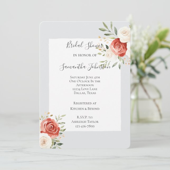 Romantic Grey Red Cream Roses Bridal Shower Invitation (Standing Front)