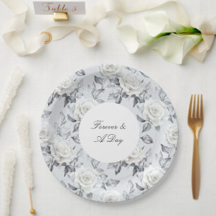 Romantic Grey Silver White Rose Floral Wedding Paper Plate