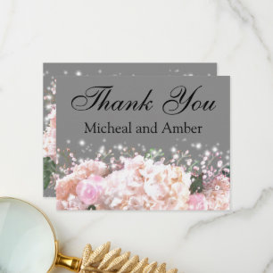 Romantic grey & white lace hydrangeas pink roses thank you card