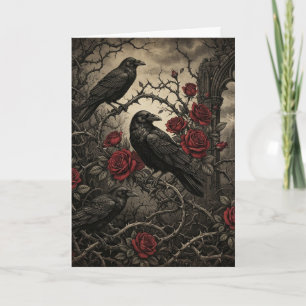 Romantic Halloween Gothic Ravens and Red Roses     Card