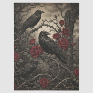 Romantic Halloween Gothic Ravens and Red Roses Tissue Paper