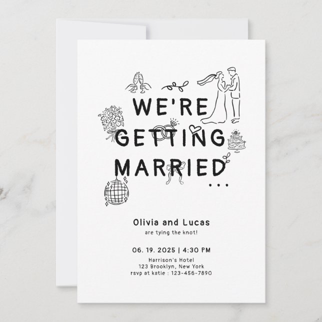 Romantic Hand Drawn Whimsical Black Wedding Invitation (Front)