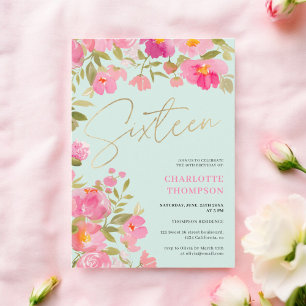 Romantic Hand-Painted Pink Floral mint Sweet 16 Invitation