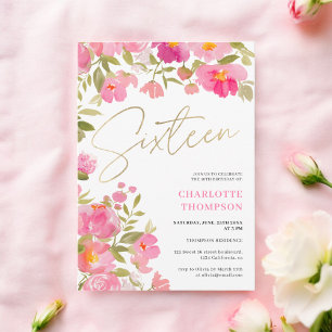 Romantic Hand-Painted Pink Floral photo Sweet 16 Invitation