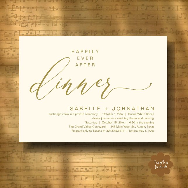 Romantic Happily Ever After Dinner Elopement Party Invitation (Romantic Modern Happily Ever After Party Elopement Dinner Invitation Card PDF in Classy Yellow Gold)