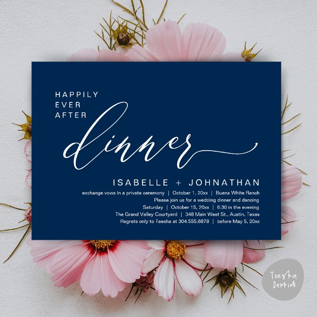 Romantic Happily Ever After Dinner Elopement Party Invitation (Romantic Modern Happily Ever After Party Elopement Dinner Invitation Card PDF in Classy Navy Blue)