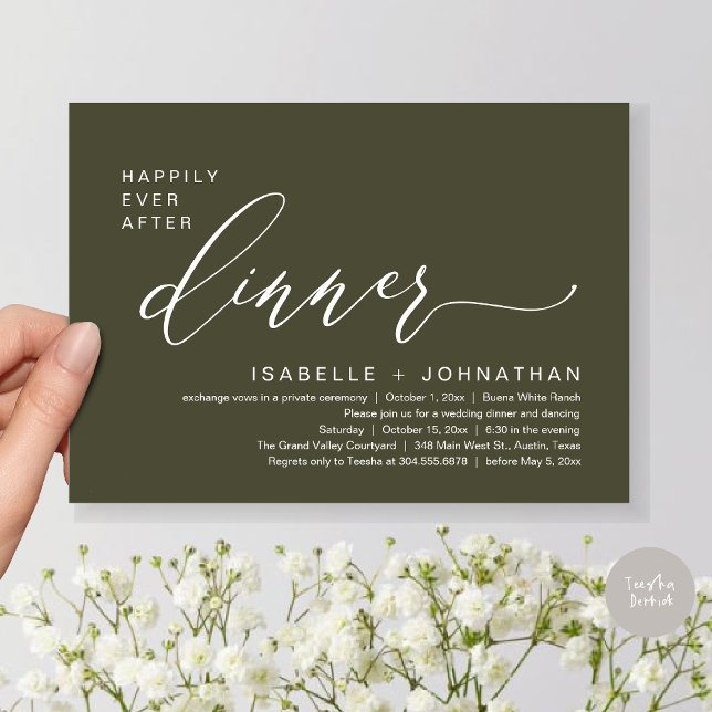 Romantic Happily Ever After Dinner Elopement Party Invitation (Romantic Modern Happily Ever After Party Elopement Dinner Invitation Card PDF in Rustic Olive Green)