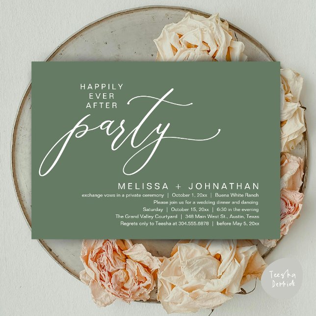 Romantic Happily Ever After Party Elopement Dinner Invitation (Romantic Modern Happily Ever After Party Elopement Dinner Invitation Card PDF in Rustic Sage Green)