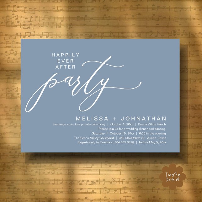 Romantic Happily Ever After Party Elopement Dinner Invitation (Romantic Modern Happily Ever After Party Elopement Dinner Invitation Card PDF in Classy Dusty Blue)