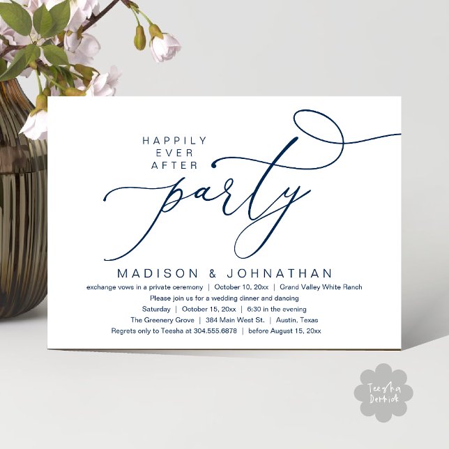 Romantic Happily Ever After Party, Wedding Dinner Invitation (Happily Ever After Party, Romantic Wedding Dinner Invitation Card PDF aesthetic Classy Navy Blue)
