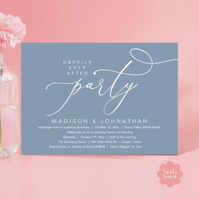 Romantic Happily Ever After Party, Wedding Dinner Invitation (Happily Ever After Party, Romantic Wedding Dinner Invitation Card PDF aesthetic Classy Dusty Blue)