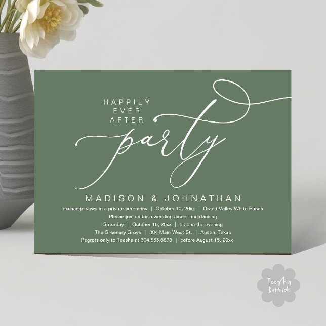 Romantic Happily Ever After Party, Wedding Dinner Invitation (Happily Ever After Party, Romantic Wedding Dinner Invitation Card PDF aesthetic Rustic Sage Green)