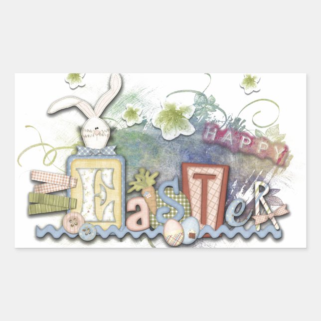 Romantic Happy Easter Bunny Greeting Cute Text Rectangular Sticker (Front)