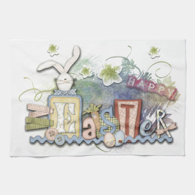 Romantic Happy Easter Bunny Greeting Kitchen Towel (Horizontal)
