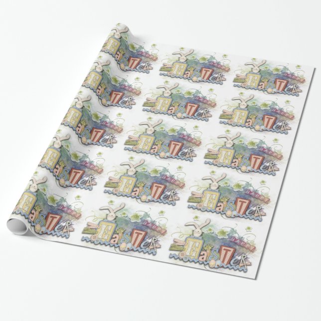 Romantic Happy Easter Bunny Greeting Wrapping Wrapping Paper (Unrolled)