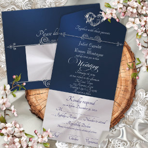 Romantic Heart & Calligraphy - Blue/Silver All In One Invitation