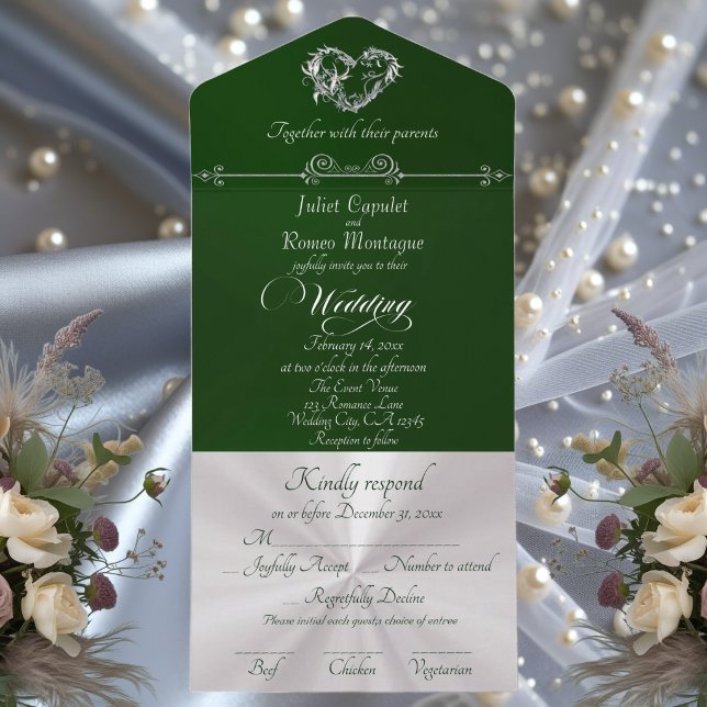 Romantic Heart & Calligraphy - Emerald/Silver All In One Invitation (Creator Uploaded)