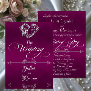 Romantic Heart & Calligraphy on Plum - Wedding Invitation