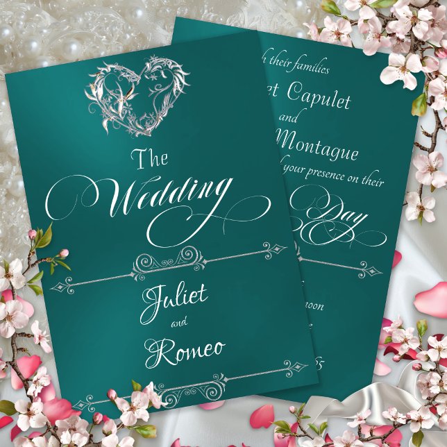 Romantic Heart & Calligraphy on Teal - Wedding Invitation (Creator Uploaded)