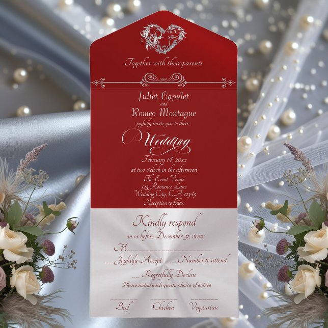Romantic Heart & Calligraphy - Red/Silver All In One Invitation (Creator Uploaded)