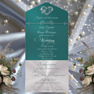 Romantic Heart & Calligraphy - Teal/Silver All In One Invitation