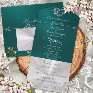Romantic Heart & Calligraphy - Teal/Silver All In One Invitation