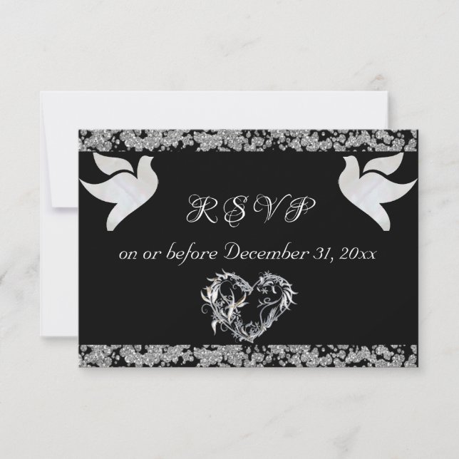 Romantic Heart, Doves & Glitter - Black RSVP Card (Front)