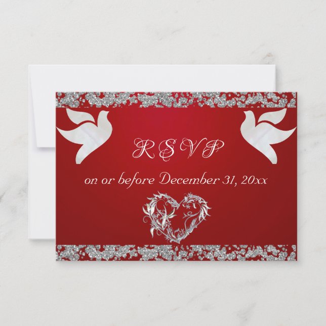 Romantic Heart, Doves & Glitter - Red RSVP Card (Front)
