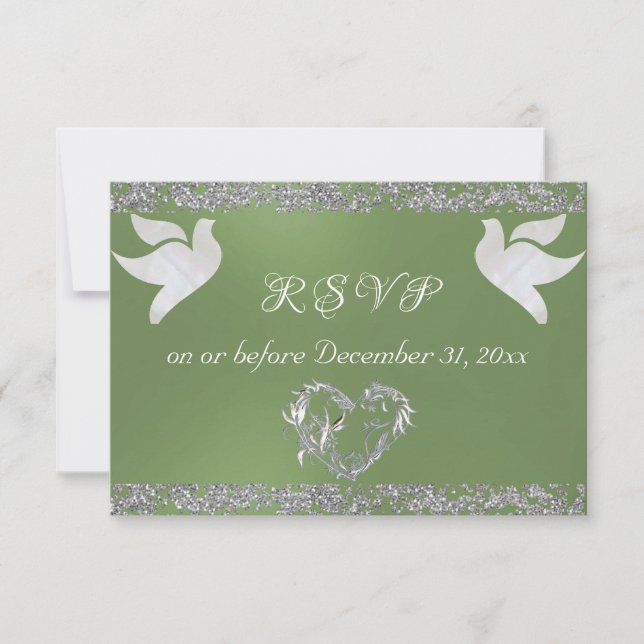 Romantic Heart, Doves & Glitter - Sage RSVP Card (Front)