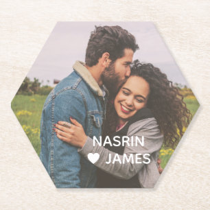 Romantic Heart Frame Custom Couple Photo Paper Coaster