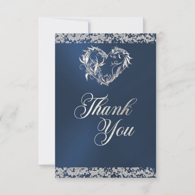 Romantic Heart & Glitter on Blue Thank You Card (Front)