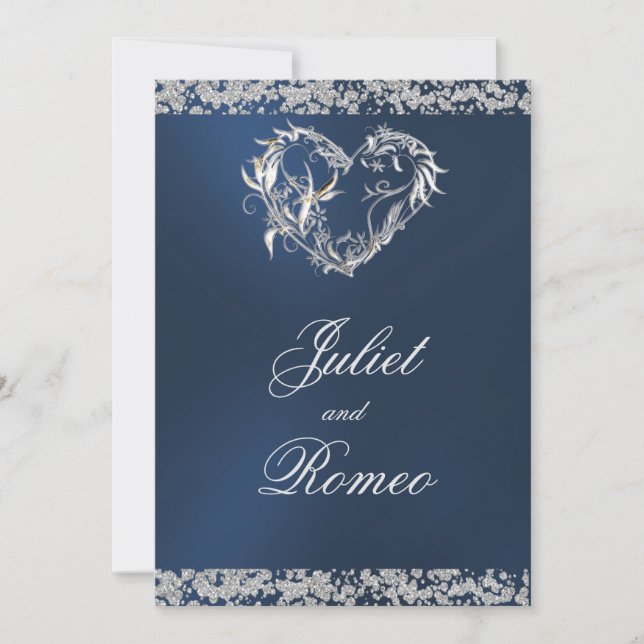 Romantic Heart & Glitter on Blue Wedding Invitation (Front)