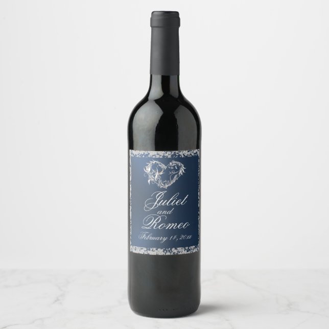 Romantic Heart & Glitter on Blue Wine Label (Front)