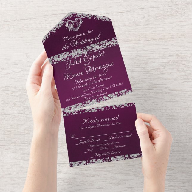 Romantic Heart & Glitter on Plum All In One Invitation (Tearaway)