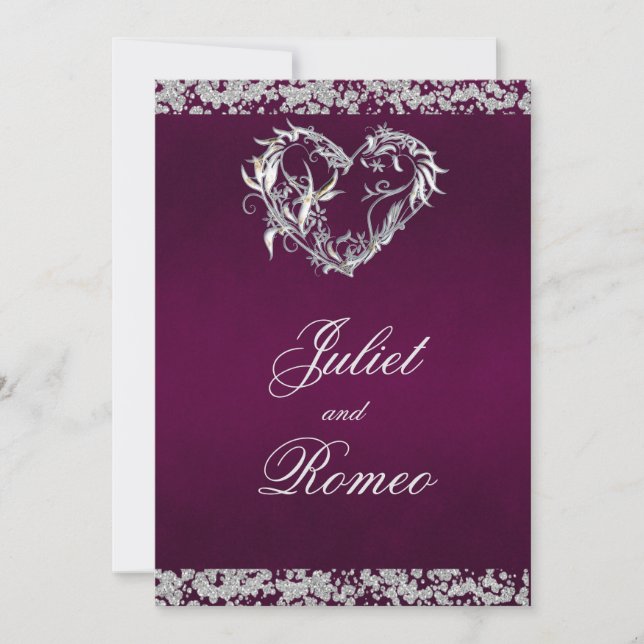 Romantic Heart & Glitter on Plum Wedding Invitation (Front)