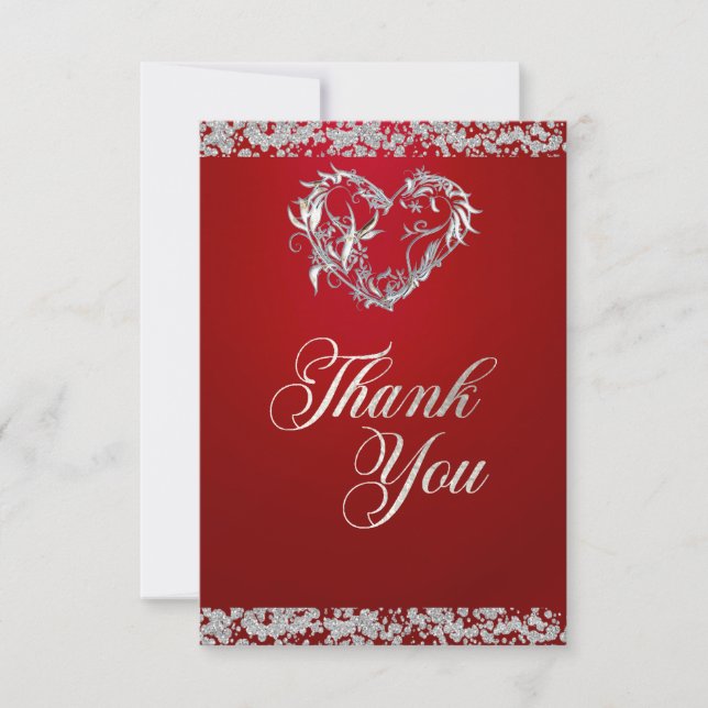 Romantic Heart & Glitter on Red Thank You Card (Front)