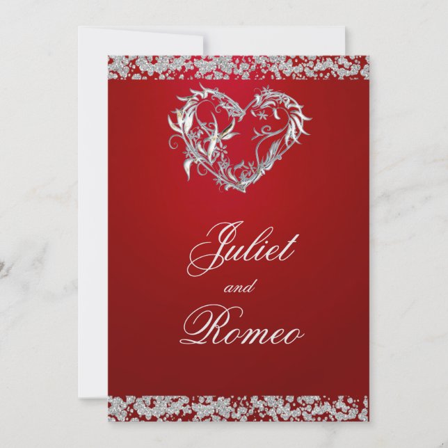 Romantic Heart & Glitter on Red Wedding Invitation (Front)