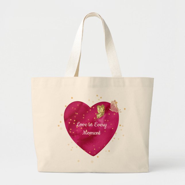 Romantic Heart & Golden Butterfly Valentine  Large Tote Bag (Front)