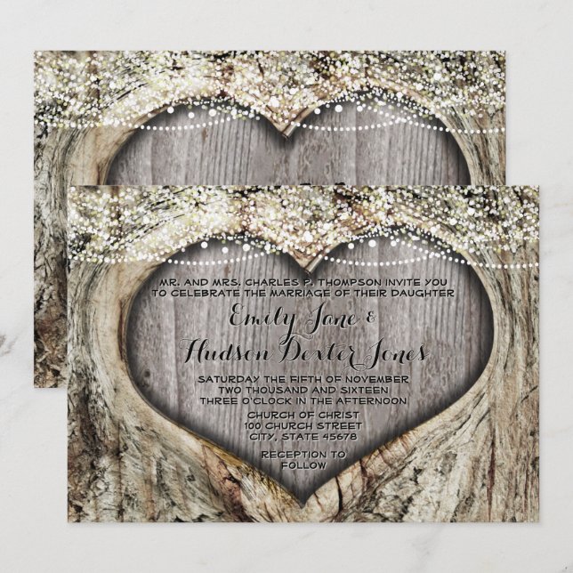 Romantic Heart In Tree Trunk Forest Wedding Invitation (Front/Back)