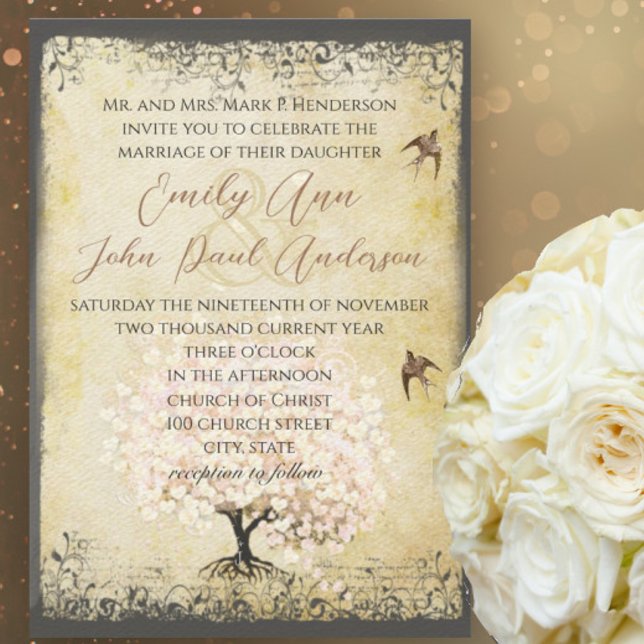 Romantic Heart Leaf Pink Tree Love Bird Wedding In Invitation (Creator Uploaded)
