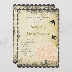 Romantic Heart Leaf Pink Tree Love Bird Wedding Invitation