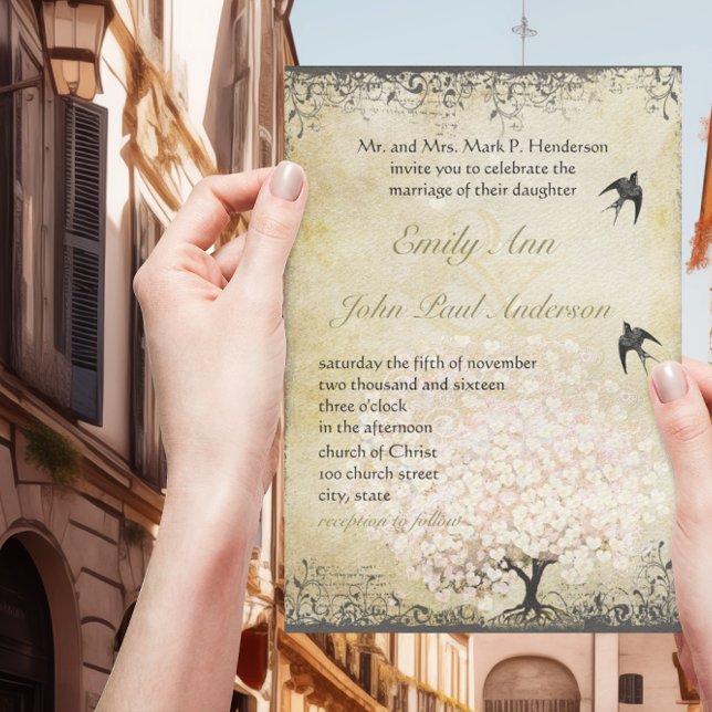 Romantic Heart Leaf Pink Tree Love Bird Wedding Invitation (Creator Uploaded)