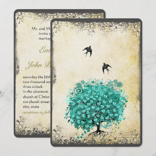 Romantic Heart Leaf Teal Tree Love Bird Wedding Invitation