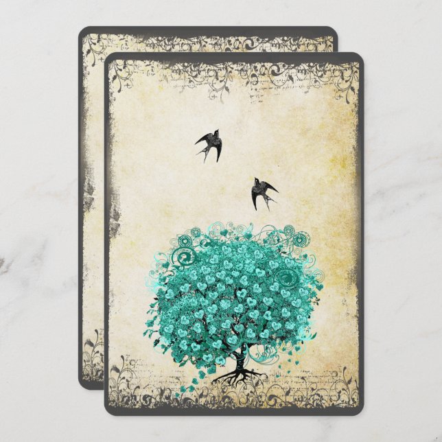 Romantic Heart Leaf Teal Tree Love Bird Wedding Invitation (Front/Back)
