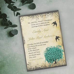 Romantic Heart Leaf Teal Tree Love Bird Wedding Invitation