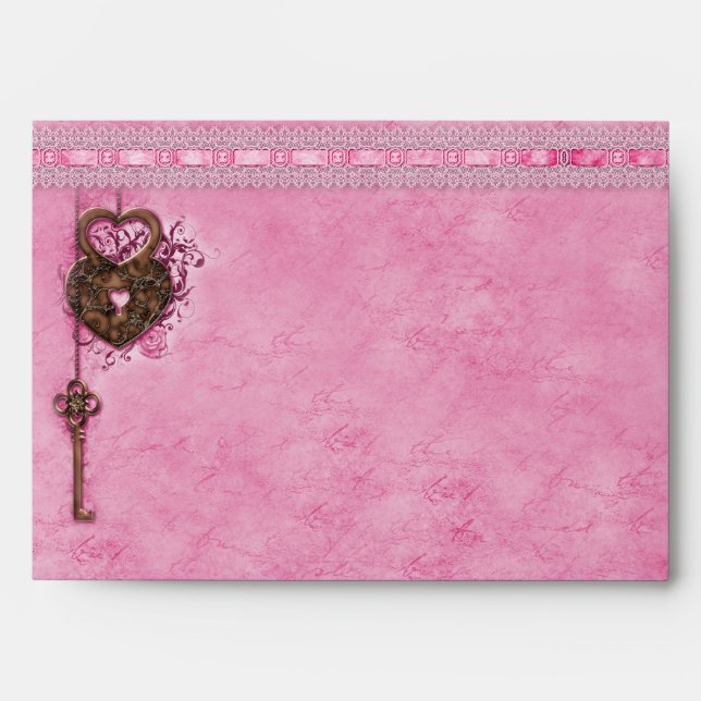 Romantic Heart Lock Key Faux Pink Lace Envelopes (Front)