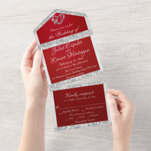 Romantic Heart, Ribbon & Glitter on Crimson All In One Invitation